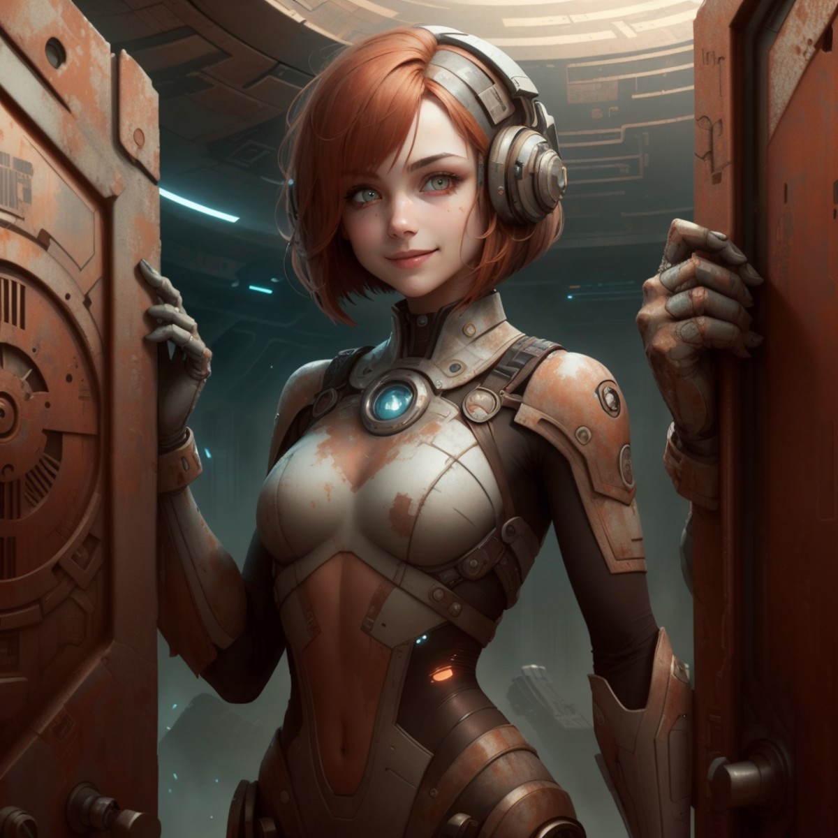 10250-13246-,oxidetech ,scifi,rusty steel, junker , _scholar , scroll, 1girl, red hair, glowing eyes, smile ,closed mouth,bob cut,.png